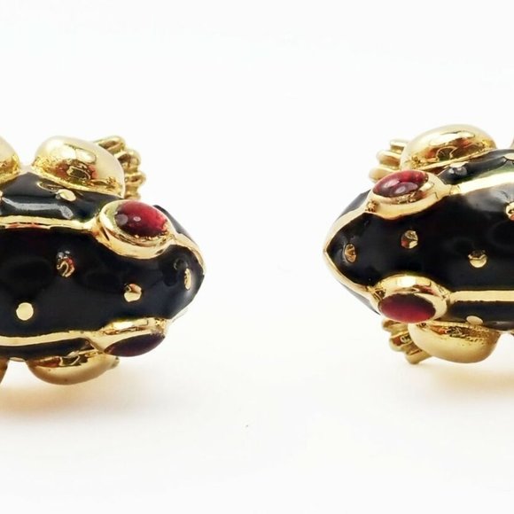 Authentic! Vintage David Webb 18k Yellow Gold Ruby Black Enamel Frog Cufflinks - Picture 3 of 6